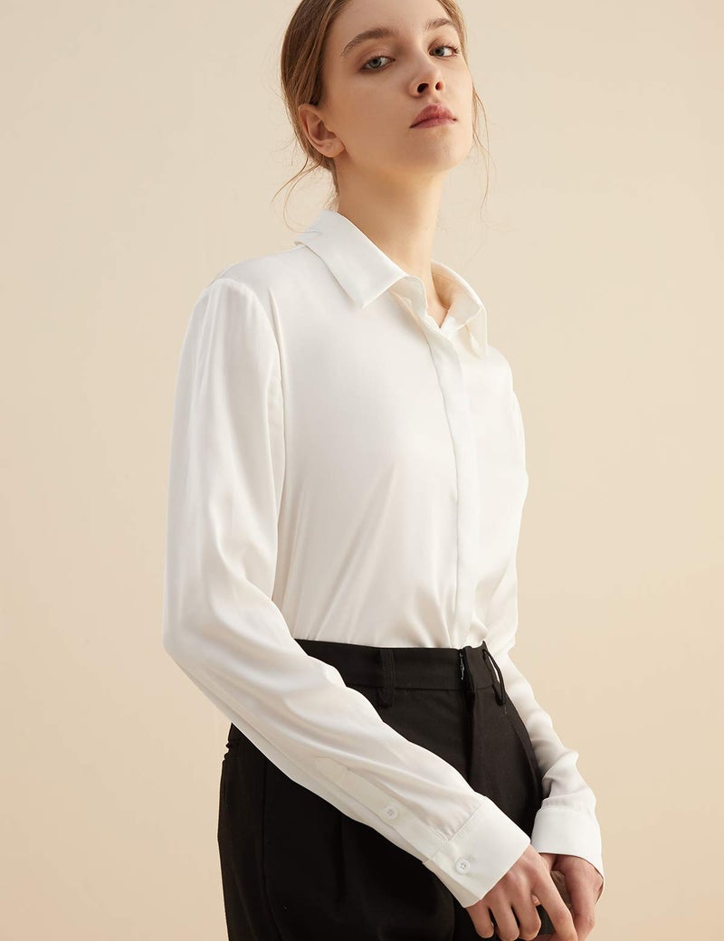 Escalier Women's Satin Silk Long Sleeve Button Down Shirt Casual Work Office Silky Blouse Top White L - Image 3